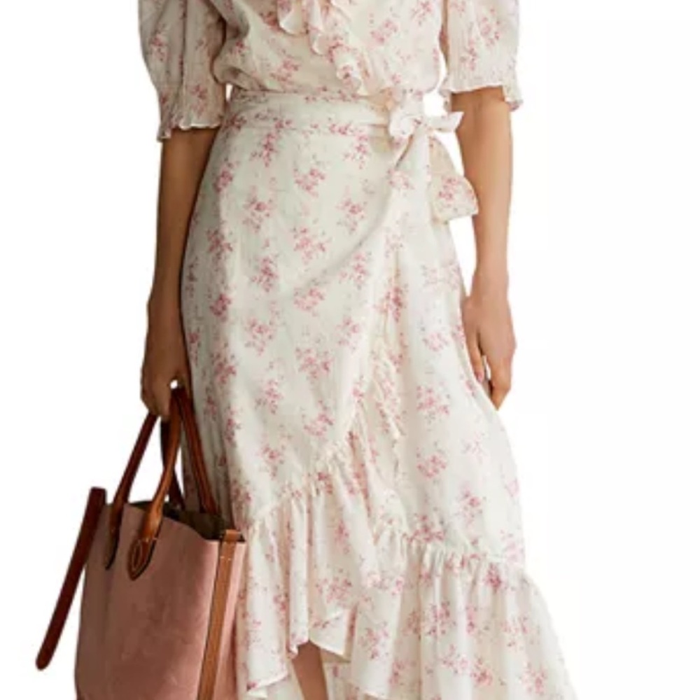 Polo by Ralph Lauren Cream Midi Dress Pink Floral Print ruffle tie waist wrap